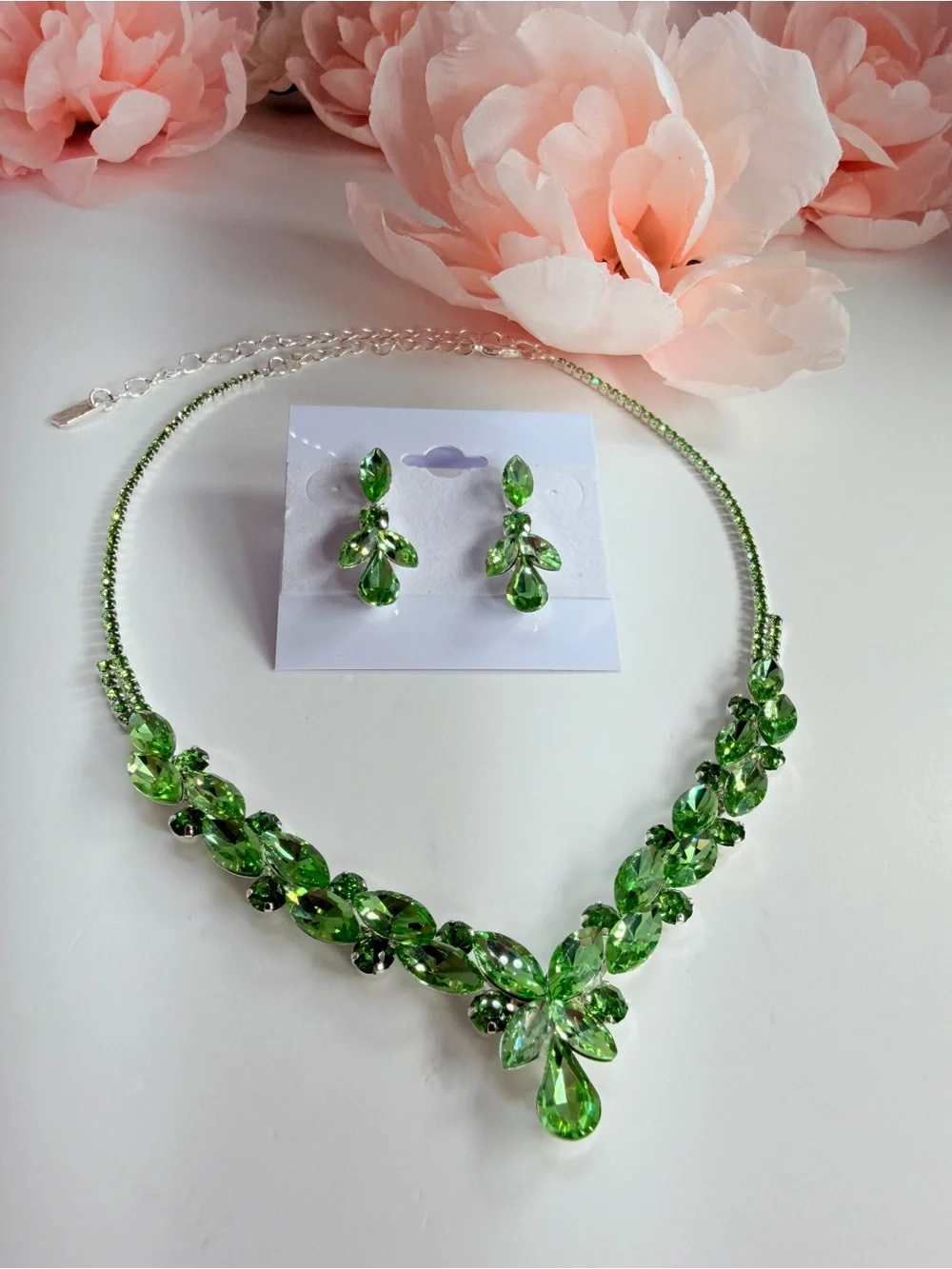 Green Crystal Teardrop Necklace and Earring Set